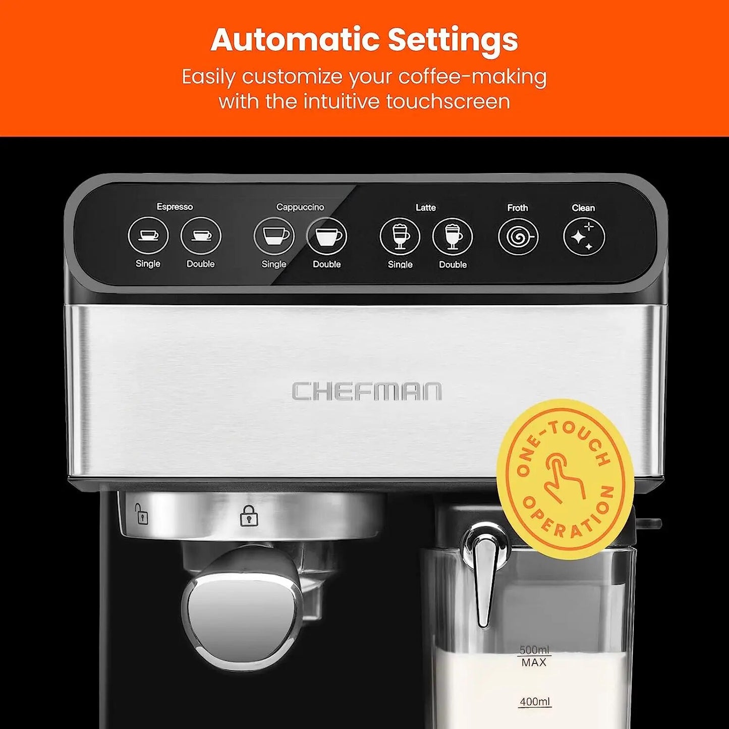 Chefman 6-in-1 Espresso Machine with Built-In Milk Frother,15-BAR Pump, Digital Display,One-Touch Single or Double Shot Espresso