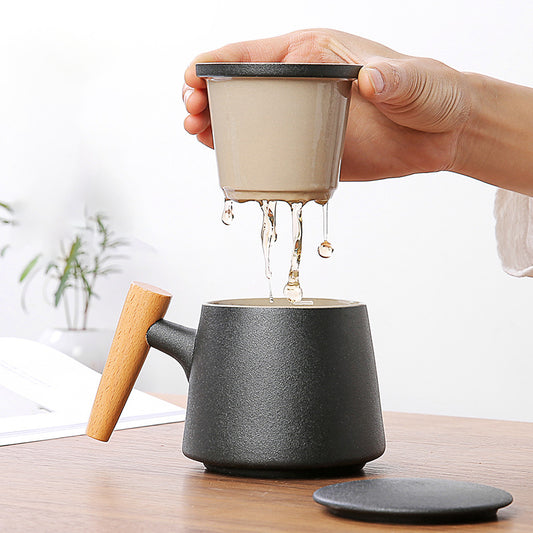Wooden Handle Ceramic Tea Cup With Tea Filter