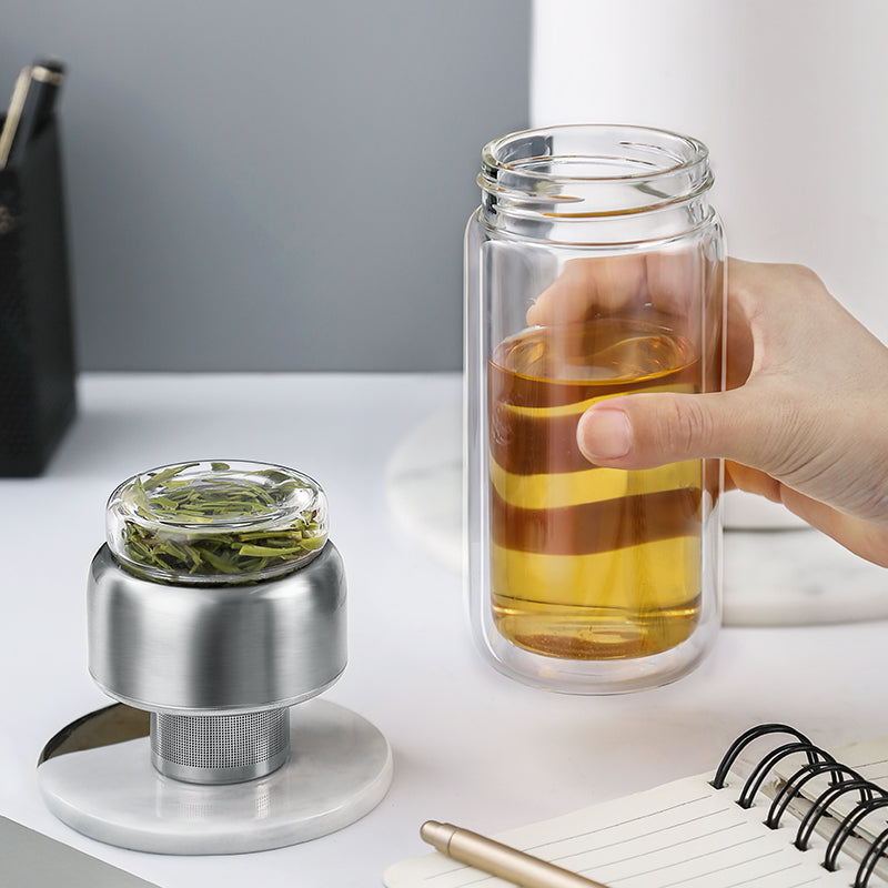 Travel bottle with tea infuser - Double Wall Glass water tea bottle heat-resist